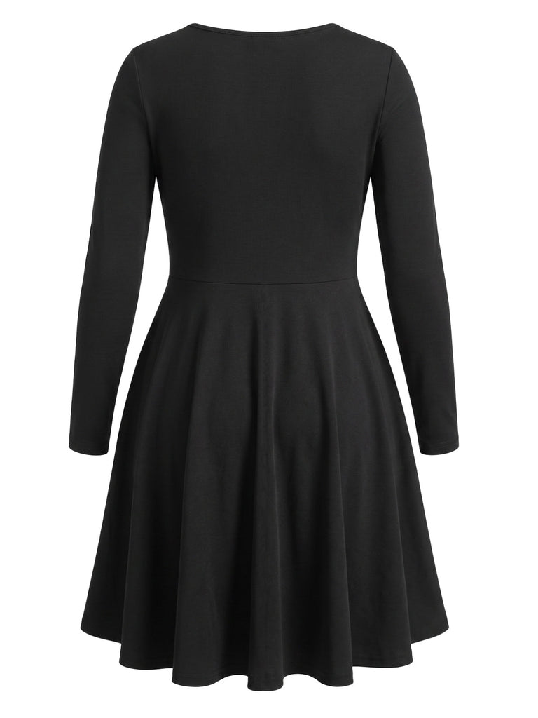 [Übergröße] Schwarzes 50er Langarm-Swingkleid mit Herzausschnitt