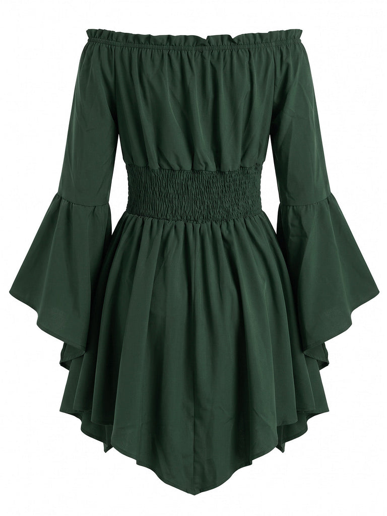 40er schulterfreies Smockkleid mit Raffung und Fledermaus