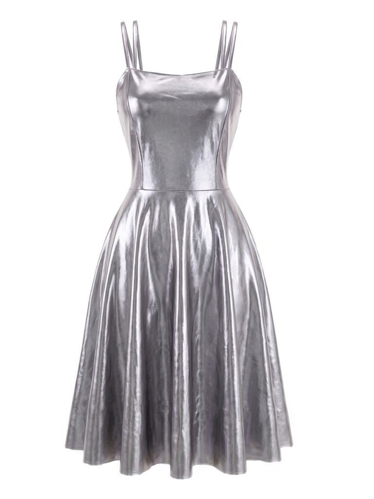 70er Metallic-Kleid mit Holografie und Doppelträgern