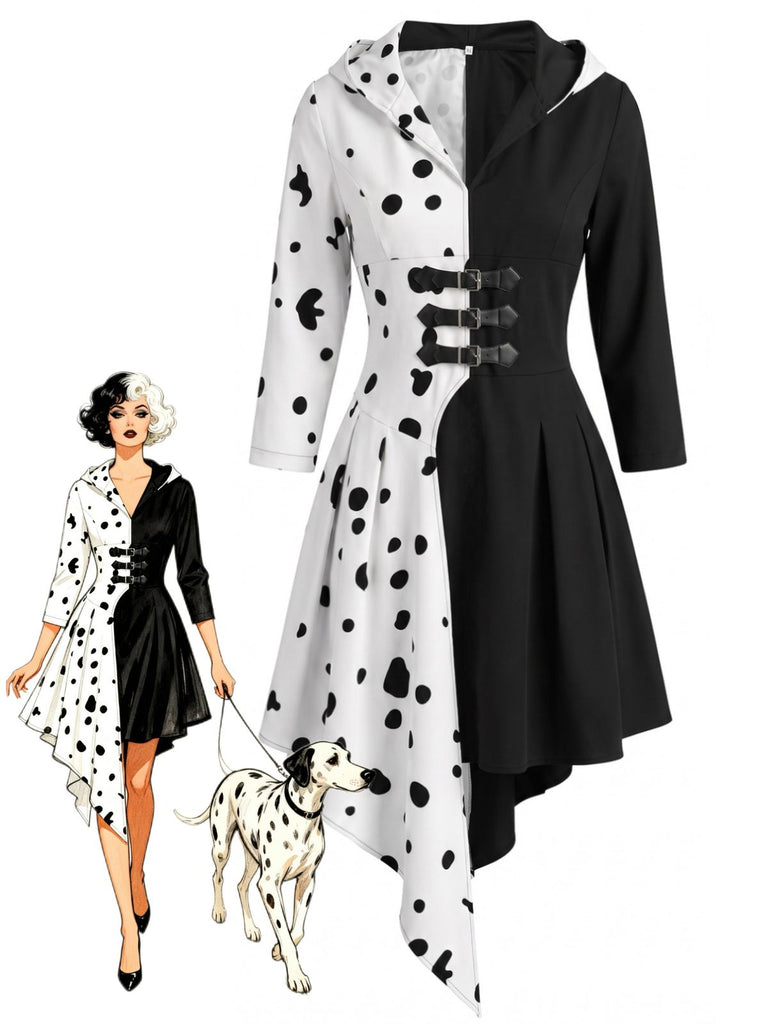 Schwarz-weißes 70er Kapuzenkleid mit Dalmatiner-Print und Schnallen