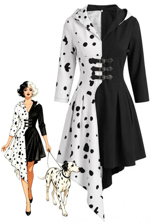 Schwarz-weißes 70er Kapuzenkleid mit Dalmatiner-Print und Schnallen