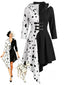 Schwarz-weißes 70er Kapuzenkleid mit Dalmatiner-Print und Schnallen