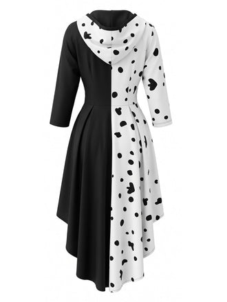 Schwarz-weißes 70er Kapuzenkleid mit Dalmatiner-Print und Schnallen