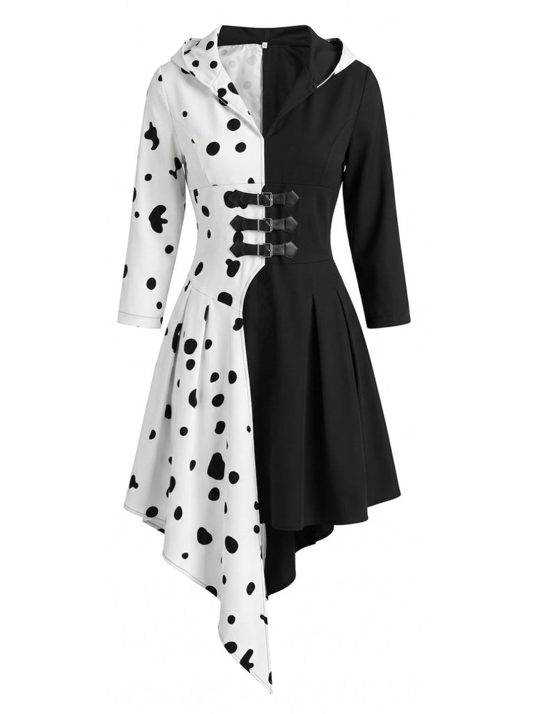 Schwarz-weißes 70er Kapuzenkleid mit Dalmatiner-Print und Schnallen