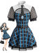 Blaues 70er Gothic Schulmädchenkleid mit Karos und Netzärmeln