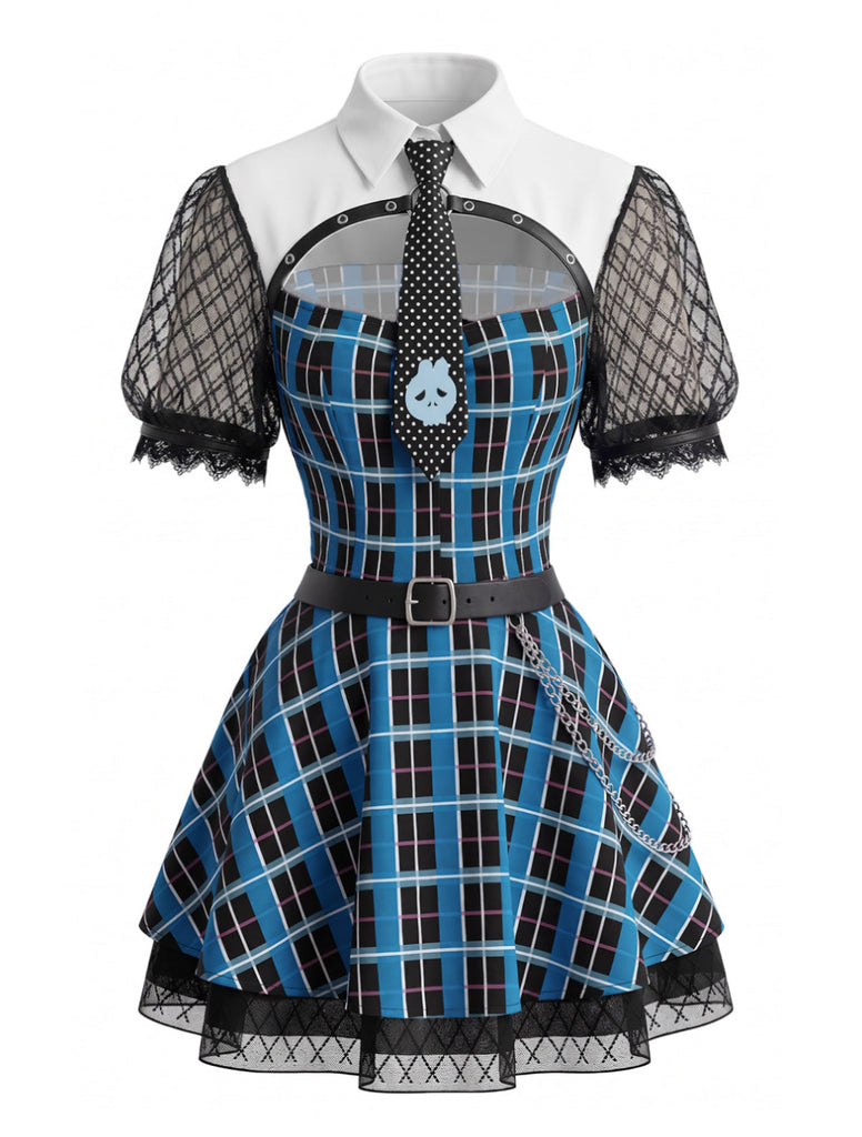 Blaues 70er Gothic Schulmädchenkleid mit Karos und Netzärmeln