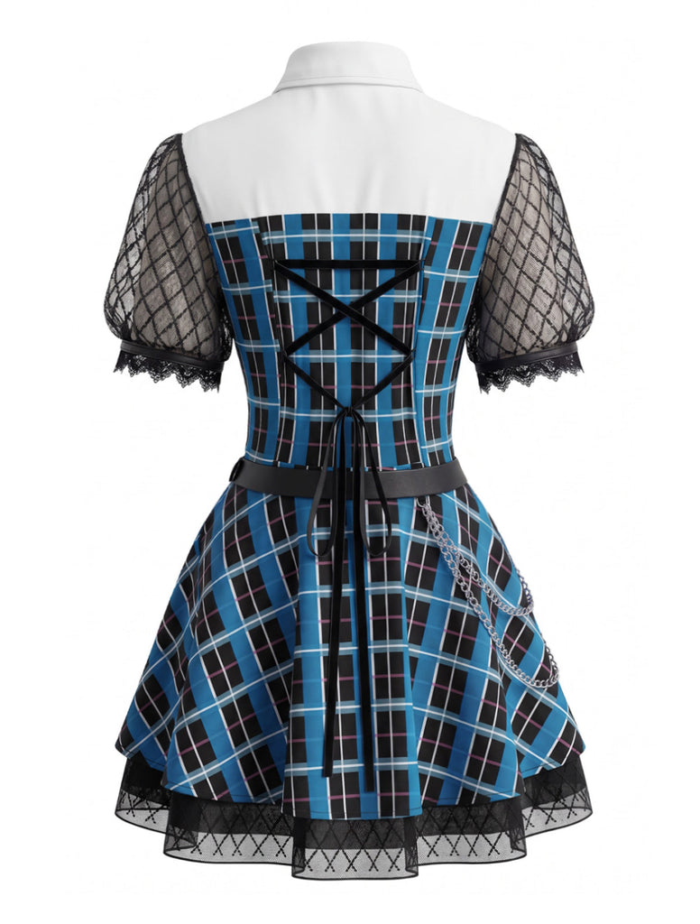 Blaues 70er Gothic Schulmädchenkleid mit Karos und Netzärmeln