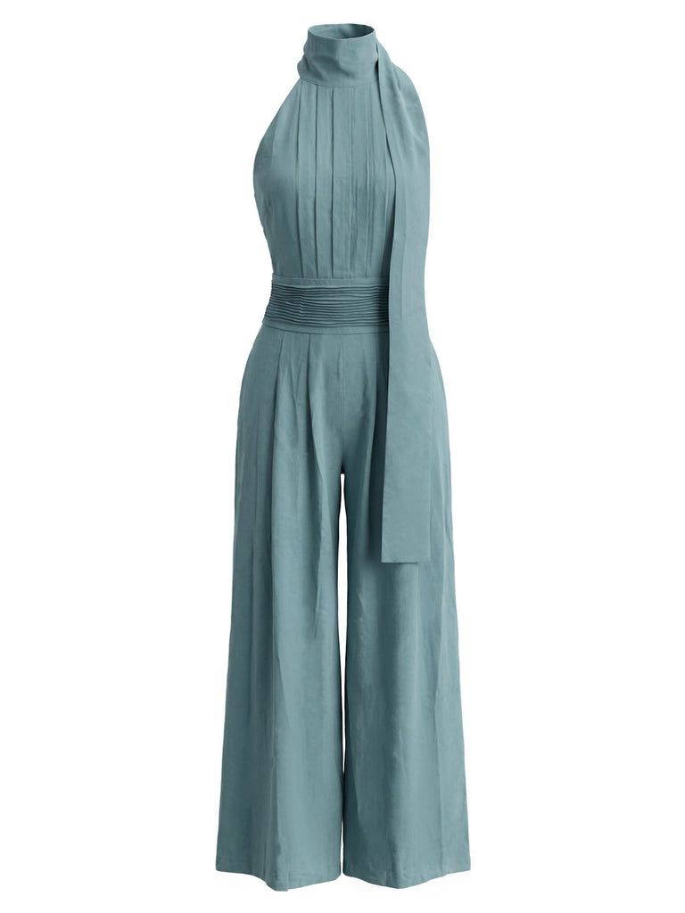 Blauer 30er Jumpsuit mit Neckholder und offenem Rücken