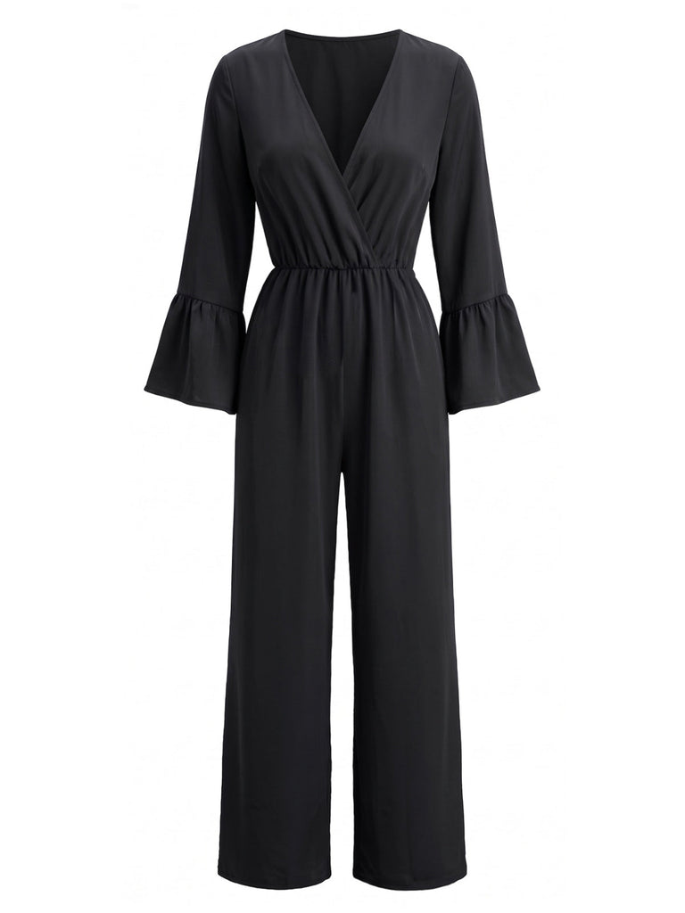 70er Jumpsuit in Wickeloptik mit V-Ausschnitt und Glockenärmeln