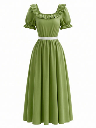 Grünes 70er Maxikleid mit Eckiger Ausschnitt und Rüschen