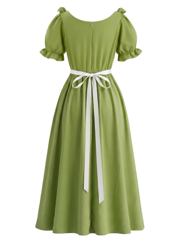 Grünes 70er Maxikleid mit Eckiger Ausschnitt und Rüschen