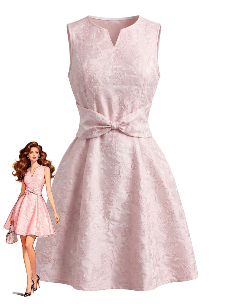 Rosa 60er Ärmelloses Jacquard-Kleid mit Schleife und A-Linie