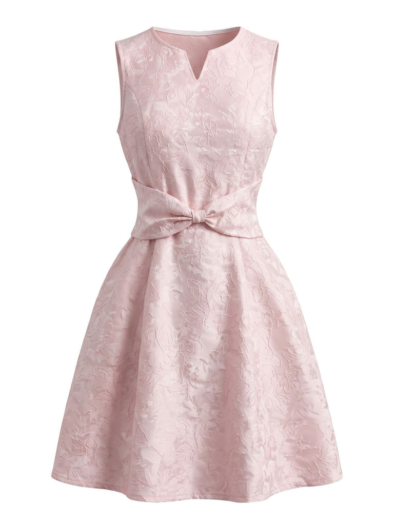 Rosa 60er Ärmelloses Jacquard-Kleid mit Schleife und A-Linie