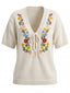 Beige 40er Stricktop mit Blumenstickerei und Bindeband