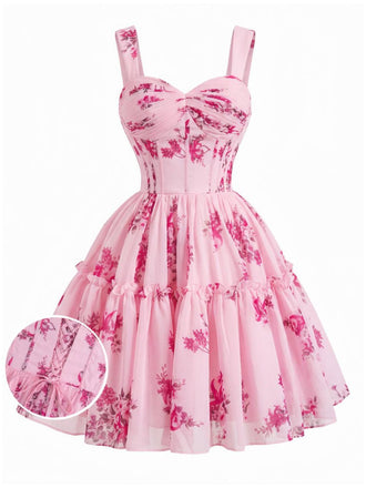 Rosa 50er Tutu-Kleid mit Streublumen und Korsett