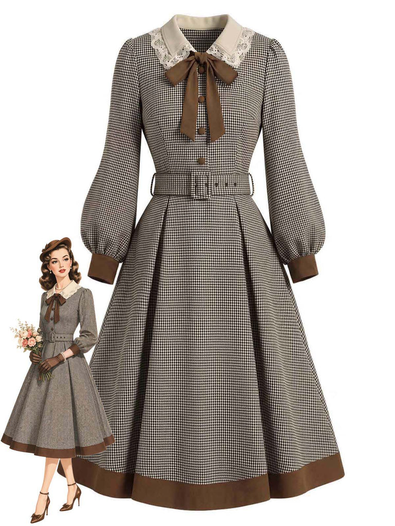Hellbraunes 50er Hahnentrittkleid mit Schluppe und Gürtel
