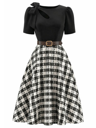 50er Puffärmelkleid mit kariertem Rockteil und Schleifen-Cut-out