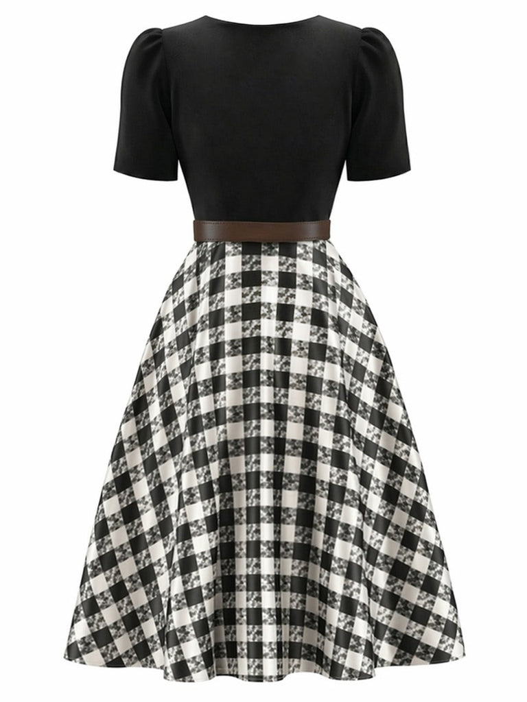 50er Puffärmelkleid mit kariertem Rockteil und Schleifen-Cut-out