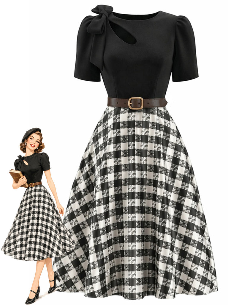 50er Puffärmelkleid mit kariertem Rockteil und Schleifen-Cut-out