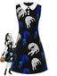 [Vorverkauf] Schwarzes 60er A-Linien-Kleid mit Katzen-Print und Bubikragen