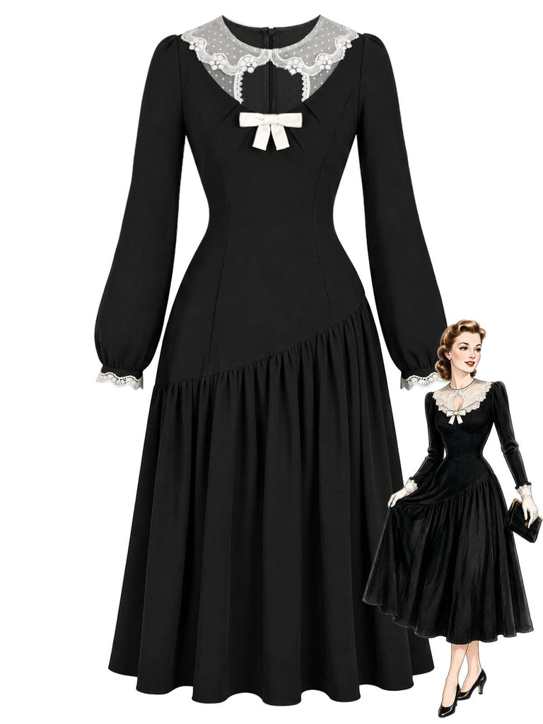 Schwarzes 50er Kleid mit transparentem Spitzenkragen und Schleife