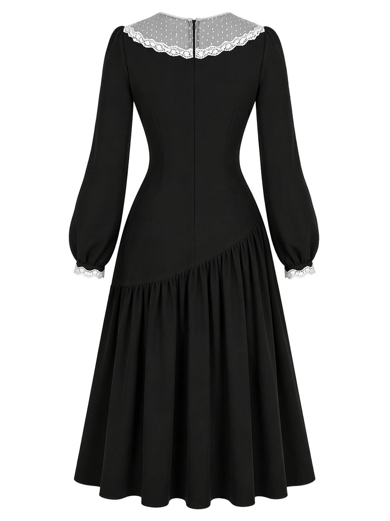 Schwarzes 50er Kleid mit transparentem Spitzenkragen und Schleife