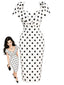 [Vorverkauf] Weißes 60er Bleistiftkleid mit Polka-Dots und Umschlagkragen