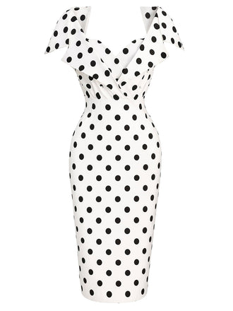Weißes 60er Bleistiftkleid mit Polka-Dots und Umschlagkragen