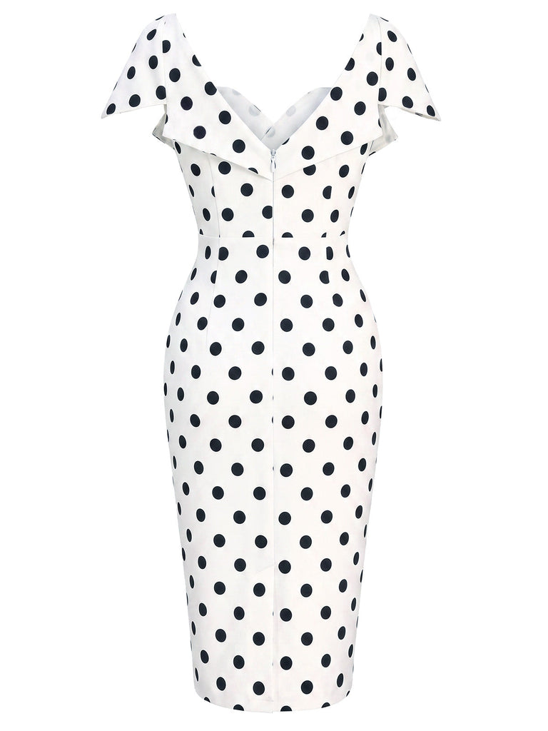 Weißes 60er Bleistiftkleid mit Polka-Dots und Umschlagkragen