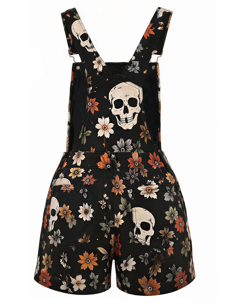 70er Overall-Romper mit Totenkopf- und Daisy-Print