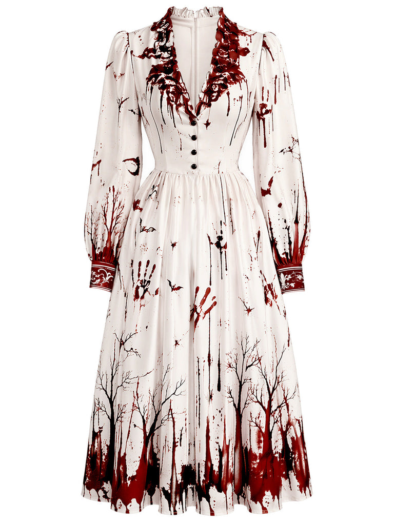 Rot-weißes 50er Kleid mit Fledermaus und Blutprint