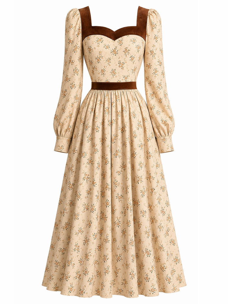 30er Herzausschnitt-Kleid mit Samtbesatz und Blumen
