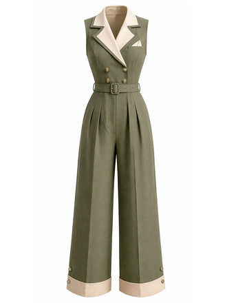 30er Ärmelloses Jumpsuit mit Reverskragen und Knopf