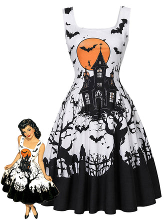 50er Halloweenkleid mit Spukhaus-Fledermausprint
