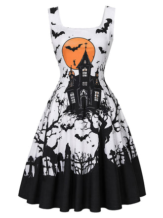 50er Halloweenkleid mit Spukhaus-Fledermausprint