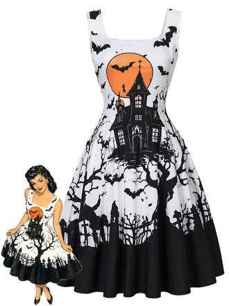 [Vorverkauf] 50er Halloweenkleid mit Spukhaus-Fledermausprint