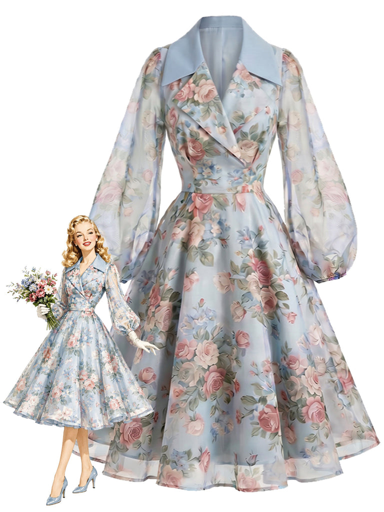 Blaues 50er Wickelkleid mit Blumen und Reverskragen