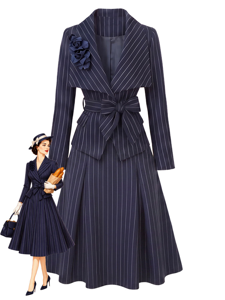Blaues 60er Nadelstreifen-Set aus Blazer und Rock