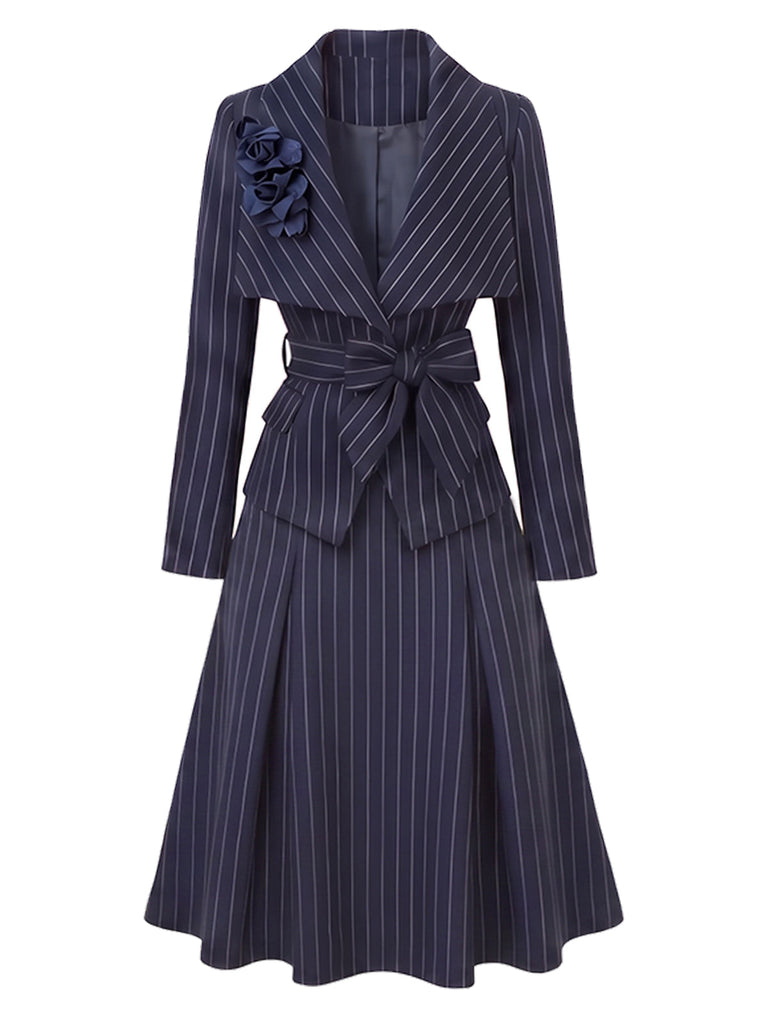 Blaues 60er Nadelstreifen-Set aus Blazer und Rock