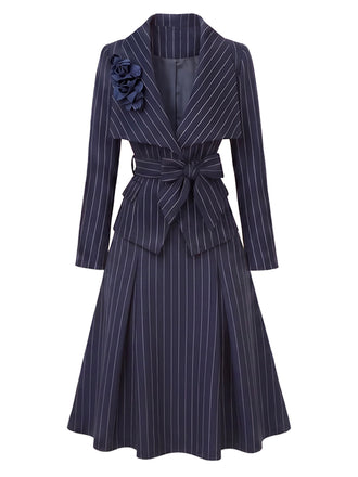 Blaues 60er Nadelstreifen-Set aus Blazer und Rock