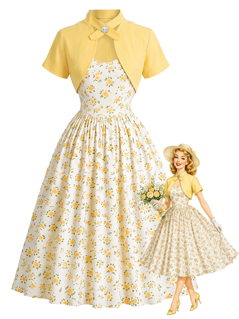 Hellgelbes 50er Swingkleid & Bolero mit Blumen