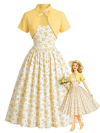 Hellgelbes 50er Swingkleid & Bolero mit Blumen