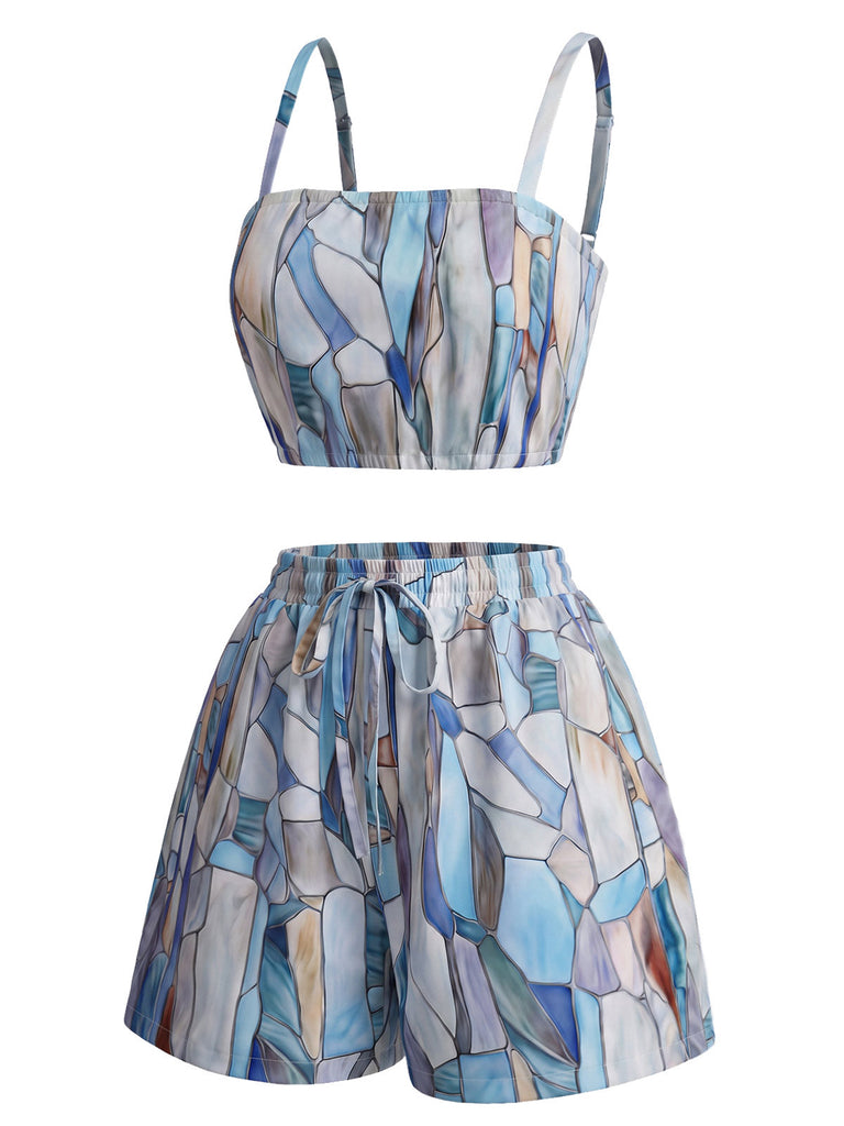70er Geometrie-Set mit Cardigan, Crop-Top und Shorts