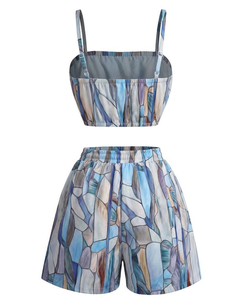 70er Geometrie-Set mit Cardigan, Crop-Top und Shorts