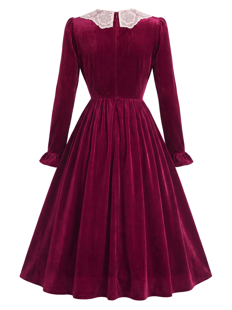50er Samt-Midikleid mit Spitzenkragen und Rüschenärmeln