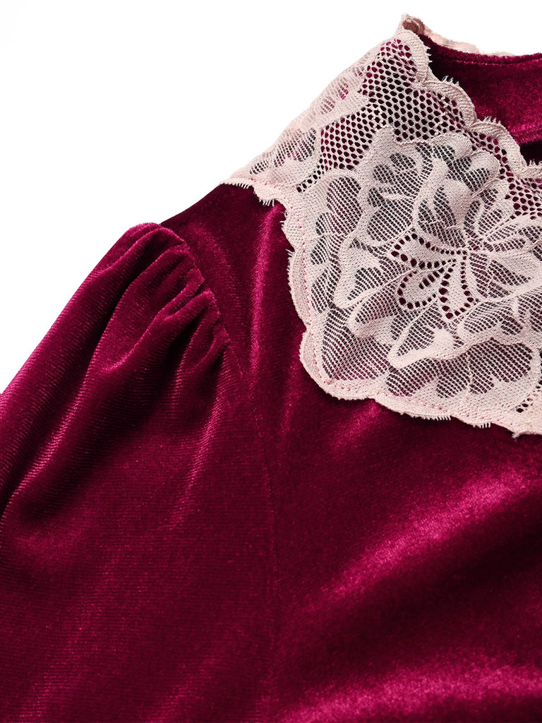 50er Samt-Midikleid mit Spitzenkragen und Rüschenärmeln