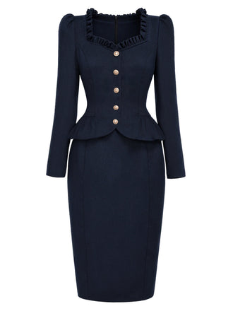 Dunkelblaues 50er Blazer-Bleistiftkleid mit Rüschenkragen