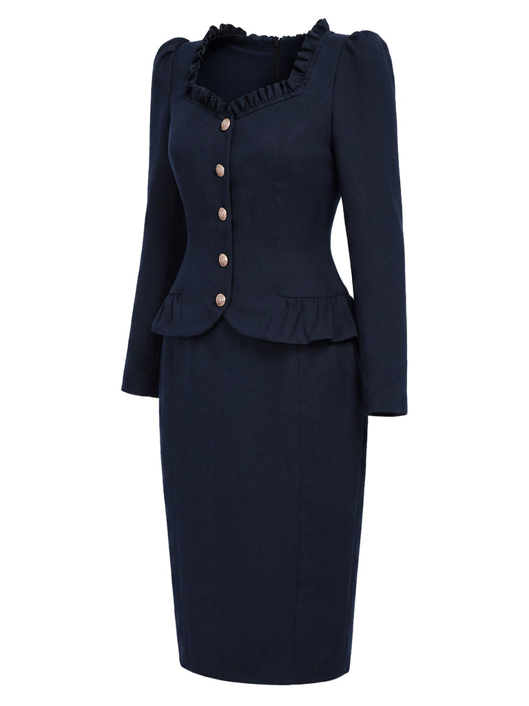 Dunkelblaues 50er Blazer-Bleistiftkleid mit Rüschenkragen