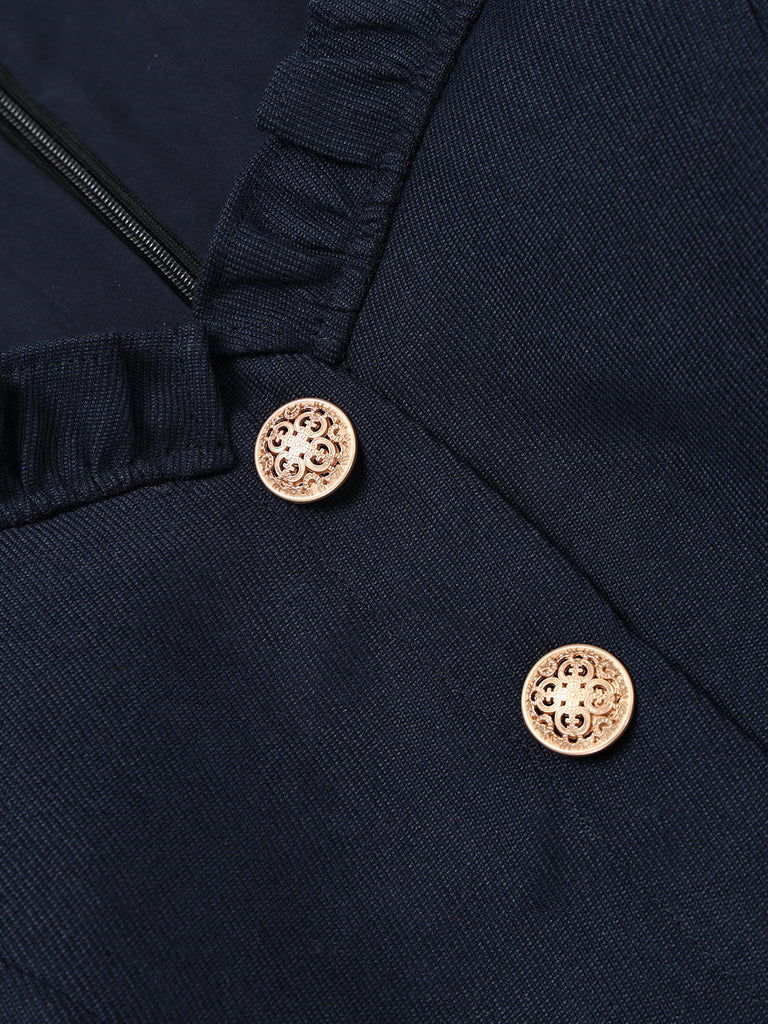 Dunkelblaues 50er Blazer-Bleistiftkleid mit Rüschenkragen