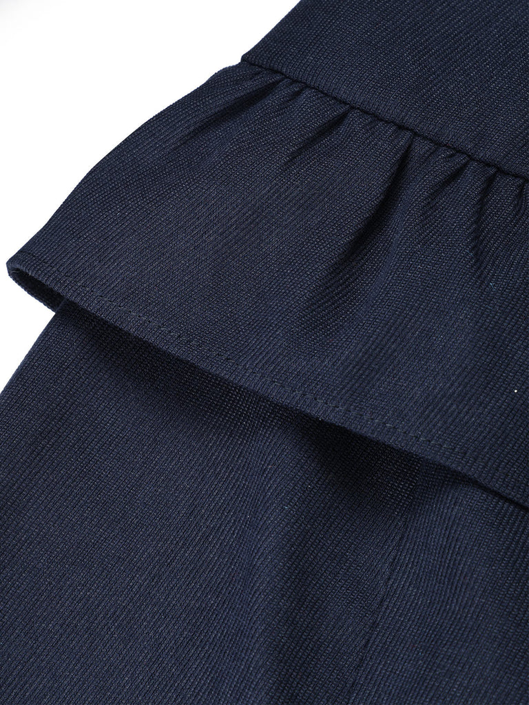Dunkelblaues 50er Blazer-Bleistiftkleid mit Rüschenkragen